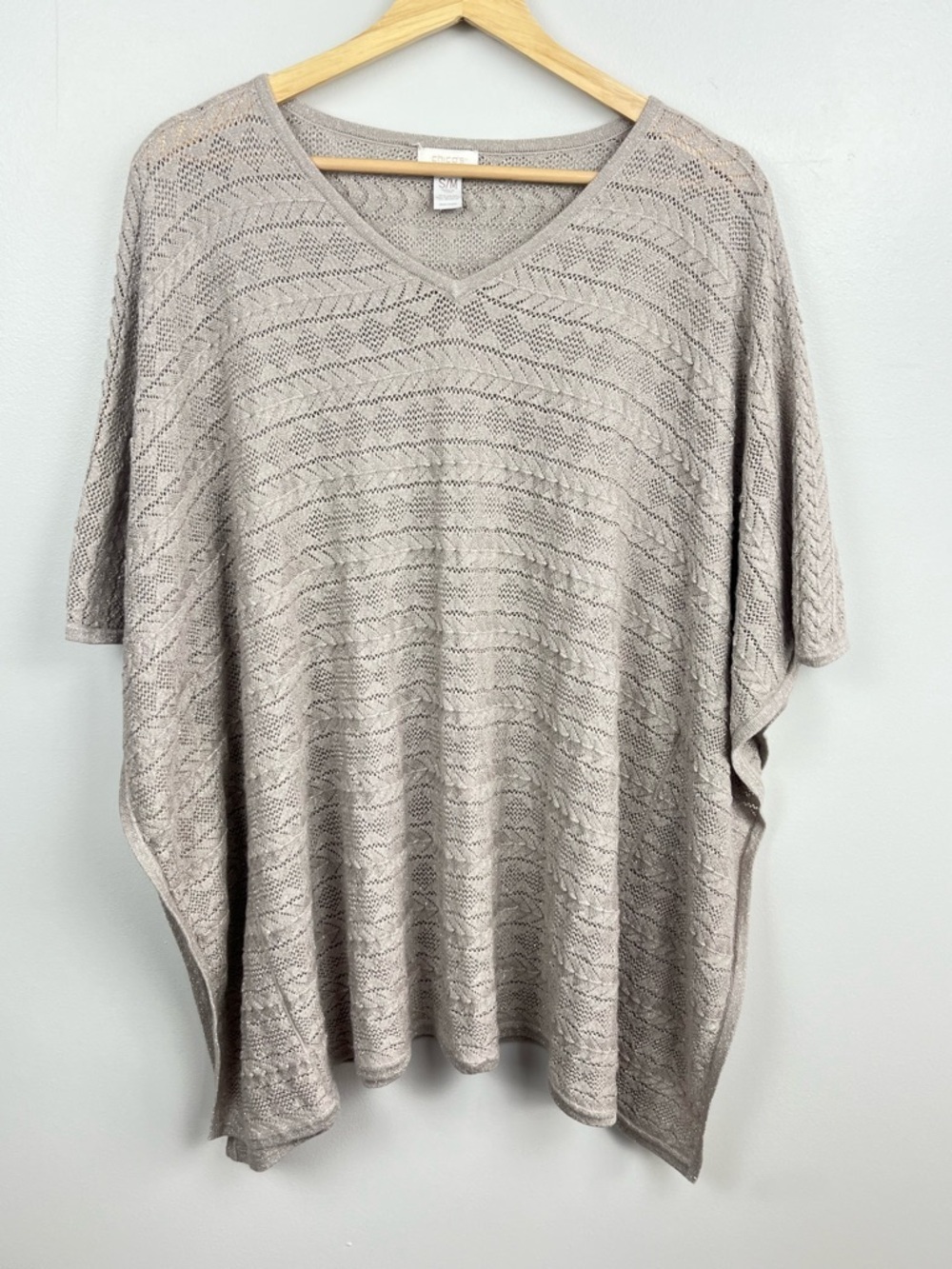 Chico’s putty gray open knit boxy poncho style top, size small/medium.